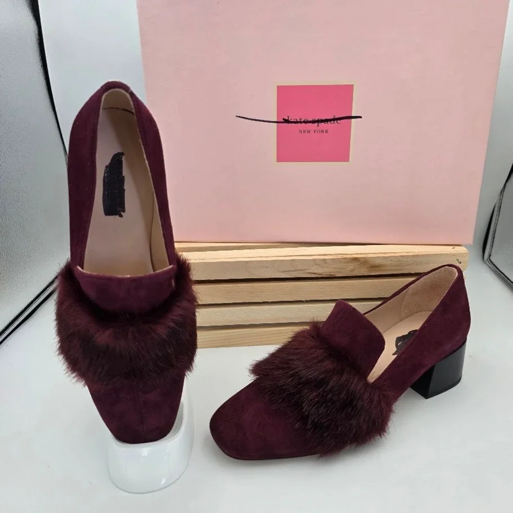 Kate Spade Gama Loafers Women 5.5 Cherrywood  Suede Faux Fur Block Heel S3150010